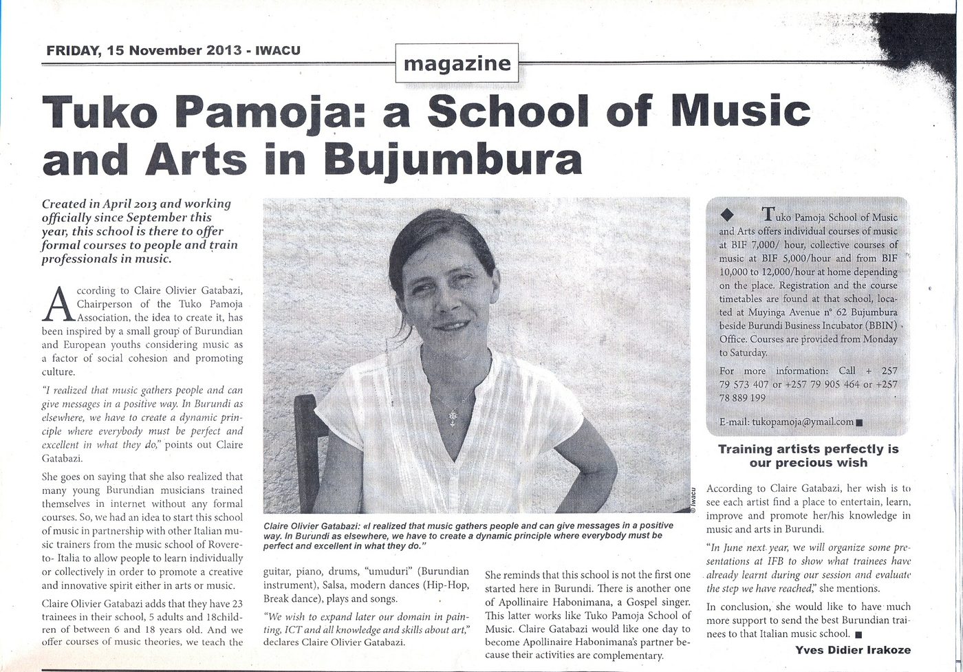 Articolo del quotidiano IWACU sulla scuola di musica, 15 novembre 2013